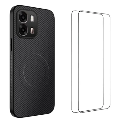 WANLONFENG For Oppo A6x 4G / Oppo A6x 5G Magnetic Case  TQ1 Series Carbon Fiber Texture PC TPU Phone Cover with 2Pcs Screen Films - Black