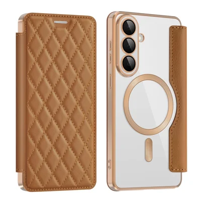 For Samsung Galaxy S26 Magnetic Case RFID Blocking Card Holder Rhombus PU Leather Phone Cover with Lens Film - Brown