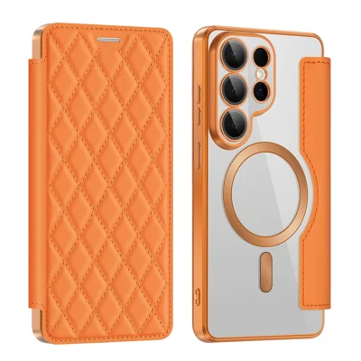 For Samsung Galaxy S26 Ultra Magnetic Case RFID Blocking Card Holder Rhombus PU Leather Phone Cover with Lens Film - Orange