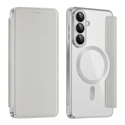Cover magnetica per Samsung Galaxy S26+ con blocco RFID, porta carte in pelle, con pellicola per obiettivo - Grigio Titanio