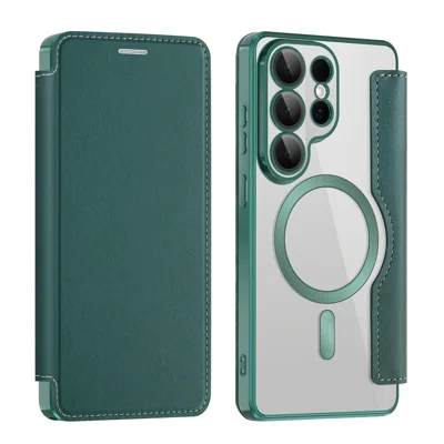 For Samsung Galaxy S26 Ultra Magnetic Case RFID Blocking Card Holder Leather Phone Cover with Lens Film - Blackish Green