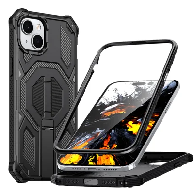 Magnetisches Case für iPhone 14 Plus / iPhone 15 Plus TPU + PC Kippständer Handyhülle Stoßfestschutz – Schwarz