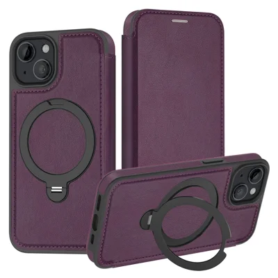 Funda para iPhone 14 / 13 Compatible con MagSafe, Funda de Cuero con Billetera con Bloqueo RFID y Anillo Pivote Giratorio - Morado Oscuro