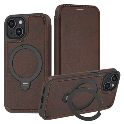 Funda para iPhone 15 compatible con MagSafe, funda de cuero con cartera con bloqueo RFID y soporte con anillo giratorio - Café