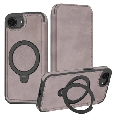 Funda para iPhone 16e Compatible con MagSafe, Funda de Cuero con Billetera con Bloqueo RFID y Anillo Plegable Giratorio - Gris Titanio