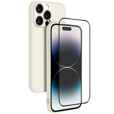 NORTHJO pour iPhone 14 Pro Max Coque en Silicone avec Film en Verre Aluminosilicate Haute Résistance, Housse de Téléphone Antichoc - Blanc