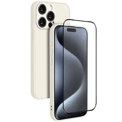 NORTHJO For iPhone 15 Pro Max Silicone Case with High Aluminium-Silicon Glass Film, Shockproof Phone Cover - White