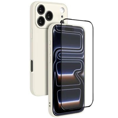 NORTHJO pour iPhone 17 Pro Coque en Silicone avec Film en Verre Haute Teneur en Aluminium-Silicium, Housse de Téléphone Antichoc - Blanc