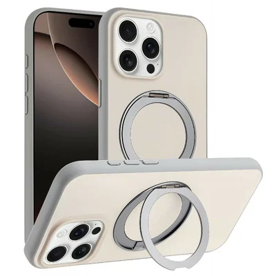 For iPhone 15 Pro Max Magnetic Case Rotary Kickstand Skin Touch PC + TPU Phone Cover Support Wireless Charging - Grey
