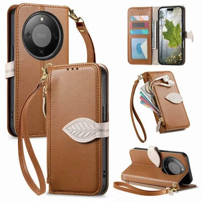 Funda con soporte para Honor Magic8 Lite 5G / X9d 5G / X70 5G, funda de cuero con cierre magnético en forma de hoja y correa de mano - Marrón