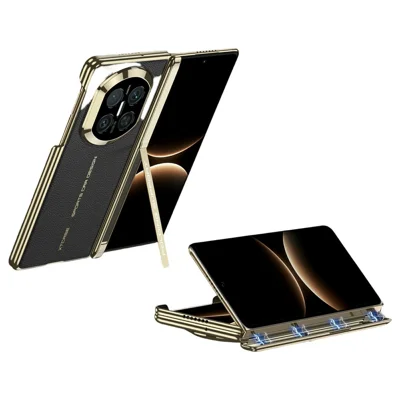GKK لجهاز Huawei Mate X7 غطاء مغناطيسي بحماية مفصل محوري مركزي مزدوج وملمس قشرة ليتشي من مادة PU TPU PC مع دعامة قابلة للطي - أسود