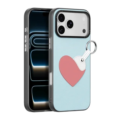 Coque pour iPhone 17 Pro Max DUX DUCIS Série Luvy en Cuir PU + PC avec Anneau pour Doigt / Sangle - Bleu Ciel & Cœur