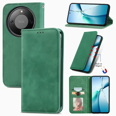 For Honor X9d 5G / Honor X70 5G / Honor Magic8 Lite 5G Leather Case with Card Holder Magnetic Absorption Phone Cover - Green