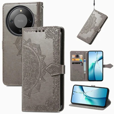 For Honor X70 5G / Honor X9d 5G / Honor Magic8 Lite 5G Wallet Case Mandala Flower Leather Phone Cover Stand - Grey