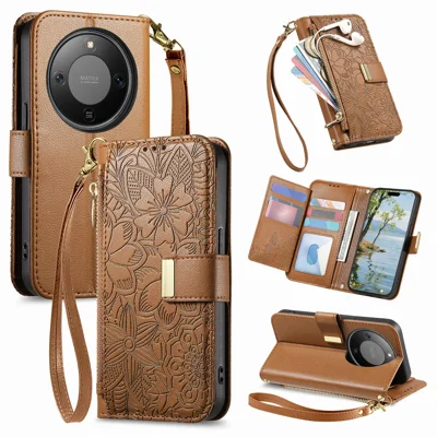 For Honor X70 5G / Honor X9d 5G / Honor Magic8 Lite 5G Case Floral Leaf Pattern Multi Card Slots Zipper Leather Phone Cover with Wrist Strap - Brown