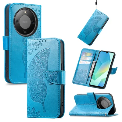 Fodral till Honor X70 5G / Honor X9d 5G / Honor Magic8 Lite 5G med rem och fjärils mönster, plånboksfodral i PU-läder - Blå