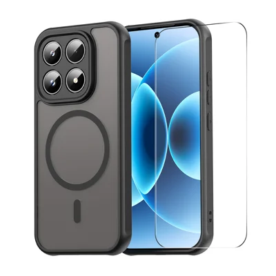 Чехол магнитный ENKAY HAT PRINCE для Xiaomi 17 с закаленным стеклом, поддержка ультразвуковой разблокировки, матовый чехол из ПК и ТПУ - Черный