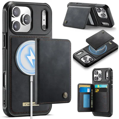 Capa Magnética para iPhone 17 Pro Série CASEME ME80 em Pele PC TPU com Carteira Amovível - Preto