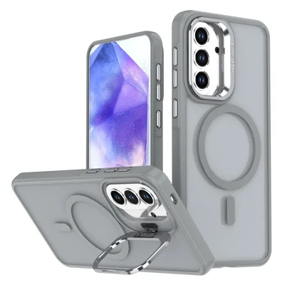 For Samsung Galaxy S24 FE Magnetic Case Foldable Kickstand Matte PC + TPU Phone Cover - Grey