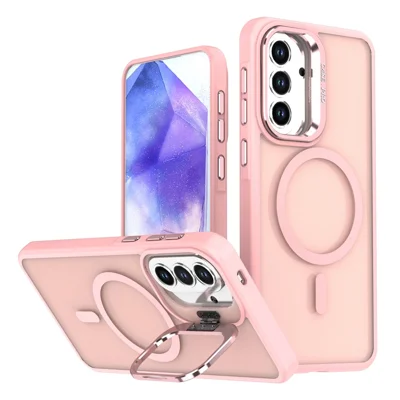 For Samsung Galaxy A55 5G Magnetic Case Foldable Kickstand Matte PC + TPU Phone Cover - Pink