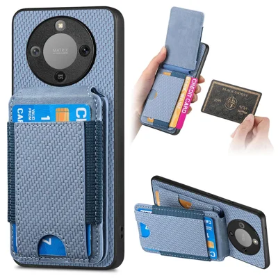 Custodia per telefono per Honor Magic8 Lite 5G / X9d 5G / X70 5G, rivestimento posteriore in pelle con texture a fibra di carbonio, con supporto a libro e porta carte - Blu
