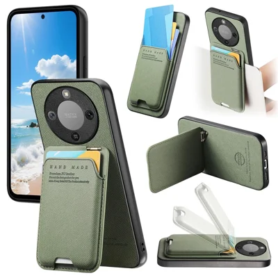 Capa para Telemóvel Honor Magic8 Lite 5G / X9d 5G / X70 5G com Textura de Tecido em Pele + PC + TPU com Suporte e Porta-cartões - Verde