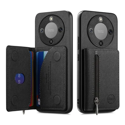 Phone Case For Honor Magic8 Lite 5G  /  X9d 5G  /  X70 5G Zipper Card Holder Kickstand Jeans Cloth Texture Leather Back Cover - Black