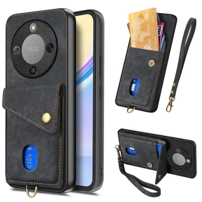 Phone Case For Honor Magic8 Lite 5G  /  X9d 5G  /  X70 5G Card Holder Kickstand Leather Back Cover with Wrist Strap - Black