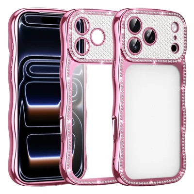 For iPhone 17 Pro Max Case Electroplated Wave Frame Rhinestone Decor TPU Phone Cover - Roze
