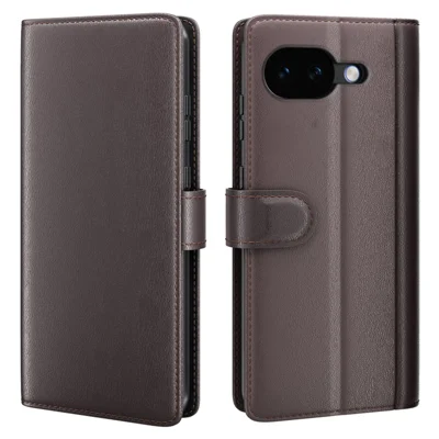 For Google Pixel 10a Case Genuine Split Leather Phone Cover with Wallet Stand - Brown
