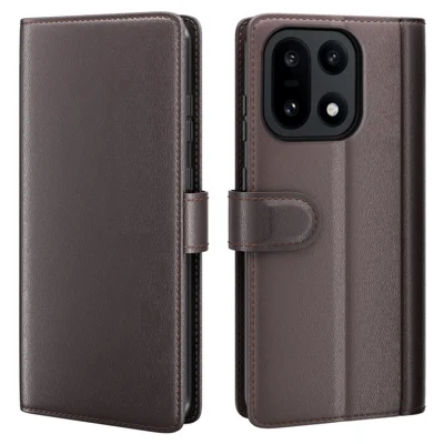 For OnePlus 15 5G Case Genuine Split Leather Phone Cover with Wallet Stand - Brown