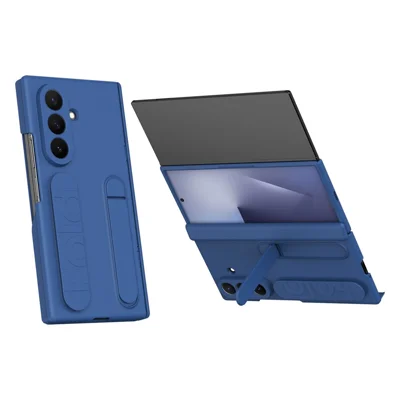 Hülle für Samsung Galaxy Z TriFold 5G mit gehärtetem Glasfolie, Silikon-Armband, Kippständer, PC-Handyhülle - Blau