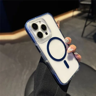 Coque pour iPhone 16 Pro Max compatible MagSafe, housse transparente TPU/PC avec boutons métalliques - Bleu