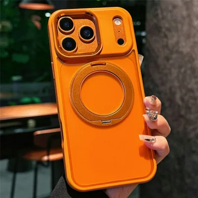 Funda para iPhone 17 Pro Max con Soporte Giratorio, Funda Trasera de PC + TPU a Prueba de Golpes Compatible con MagSafe - Naranja
