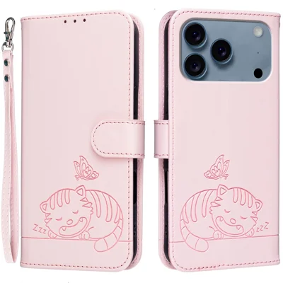 Coque pour iPhone 17 Pro Max avec portefeuille, blocage RFID, support, motif imprimé de chat, housse en cuir à rabat avec dragonne - Rose
