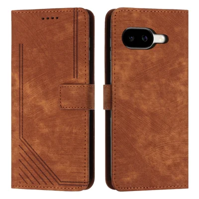 For Google Pixel 10a Stand Case Imprinted Lines Leather Phone Cover - Brown