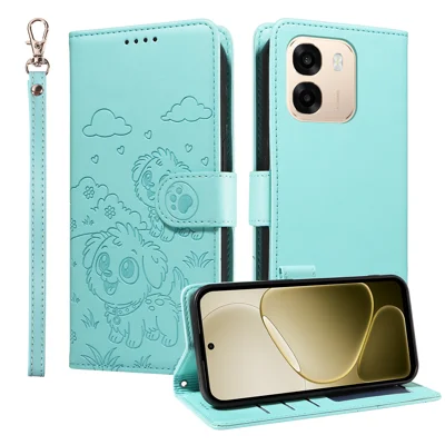 For OPPO A6s 5G Case RFID Blocking Imprinted Dog Pattern PU Leather Phone Cover with Wrist Strap - Green