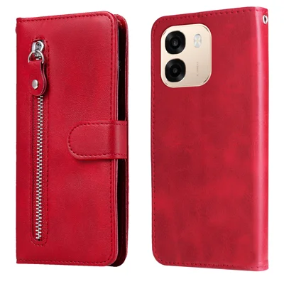 For OPPO A6s 5G PU Leather Cases with Zipper Pocket Wallet Phone Cover Stand - Red