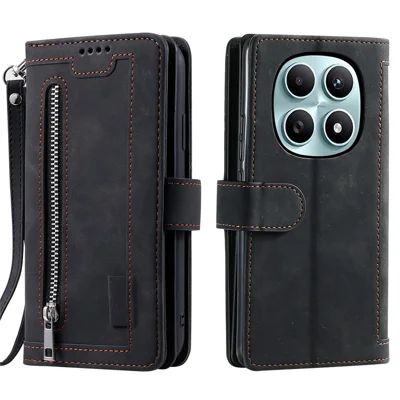 Xiaomi Redmi Note 15 4G (Global) hoes 9 kaartslots met rits portemonnee PU lederen telefoonhoes met polsband - Zwart