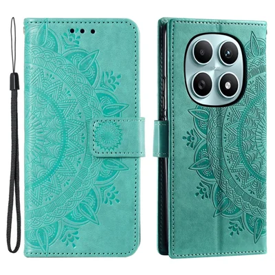 Standhoes voor Xiaomi Redmi Note 15 4G (Global) met Ingeprent Totem, PU-leer portomonnee telefoonhoes met Polsbandje - Muntgroen