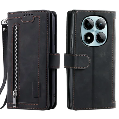 For Xiaomi Redmi Note 15 Pro 4G (Global) Case 9 Card Slots Zipper Wallet PU Leather Phone Cover with Wrist Strap - Black