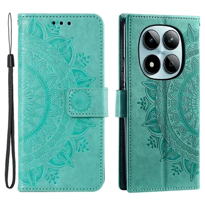 Standhülle für Xiaomi Redmi Note 15 Pro 4G (Global) mit geprägtem Totem, PU-Leder-Handygeldbörse mit Handschlaufe - Mintgrün