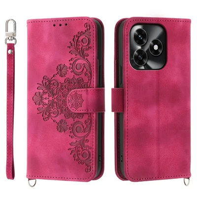 Cover Portafoglio per Honor X5c Plus 4G / X5c 4G / Play10A 4G, Fiori in Rilievo in Pelle PU con Tracolla - Rosso Vino