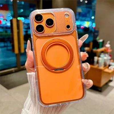 For iPhone 17 Pro Case Kickstand PC + TPU Shockproof Clear Phone Cover Compatible with MagSafe - Transparent  /  Orange