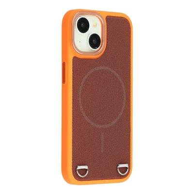 Coque pour iPhone 15 compatible avec MagSafe, housse arrière en cuir synthétique et PC avec effet peau, dotée d'un emplacement pour carte - Orange