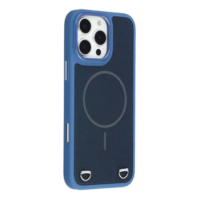 Coque pour iPhone 16 Pro Max compatible avec MagSafe, housse arrière en cuir synthétique toucher peau et PC avec emplacement pour carte - Bleu