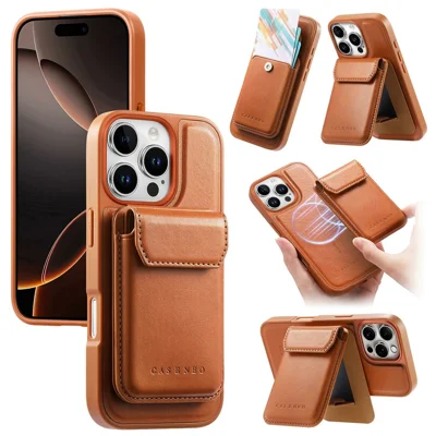 CASENEO Für iPhone 16 Pro Max Magnetische Hülle PU Leder PC Handyhülle mit Abnehmbarem Kartenhalter Ständer Kompatibel mit MagSafe - Braun