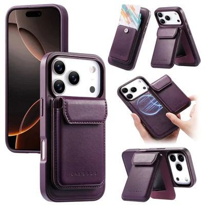 CASENEO لهاتف iPhone 17 Pro غطاء مغناطيسي من جلد PU وغطاء هاتف من مادة البولي كربونات مع حامل بطاقات قابل للإزالة ودعم قائم، متوافق مع MagSafe - أرجواني