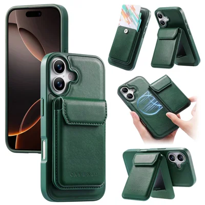 CASENEO Für iPhone 17 Magnetische Hülle PU-Leder PC-Handycover mit Abnehmbarem Kartenhalter Ständer Kompatibel mit MagSafe - Grün