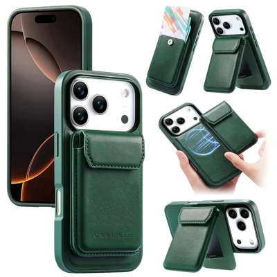 CASENEO voor iPhone 17 Pro Max magnetische hoes PU leer PC telefoonhoes met afneembare kaarthouder standaard compatibel met MagSafe - Groen